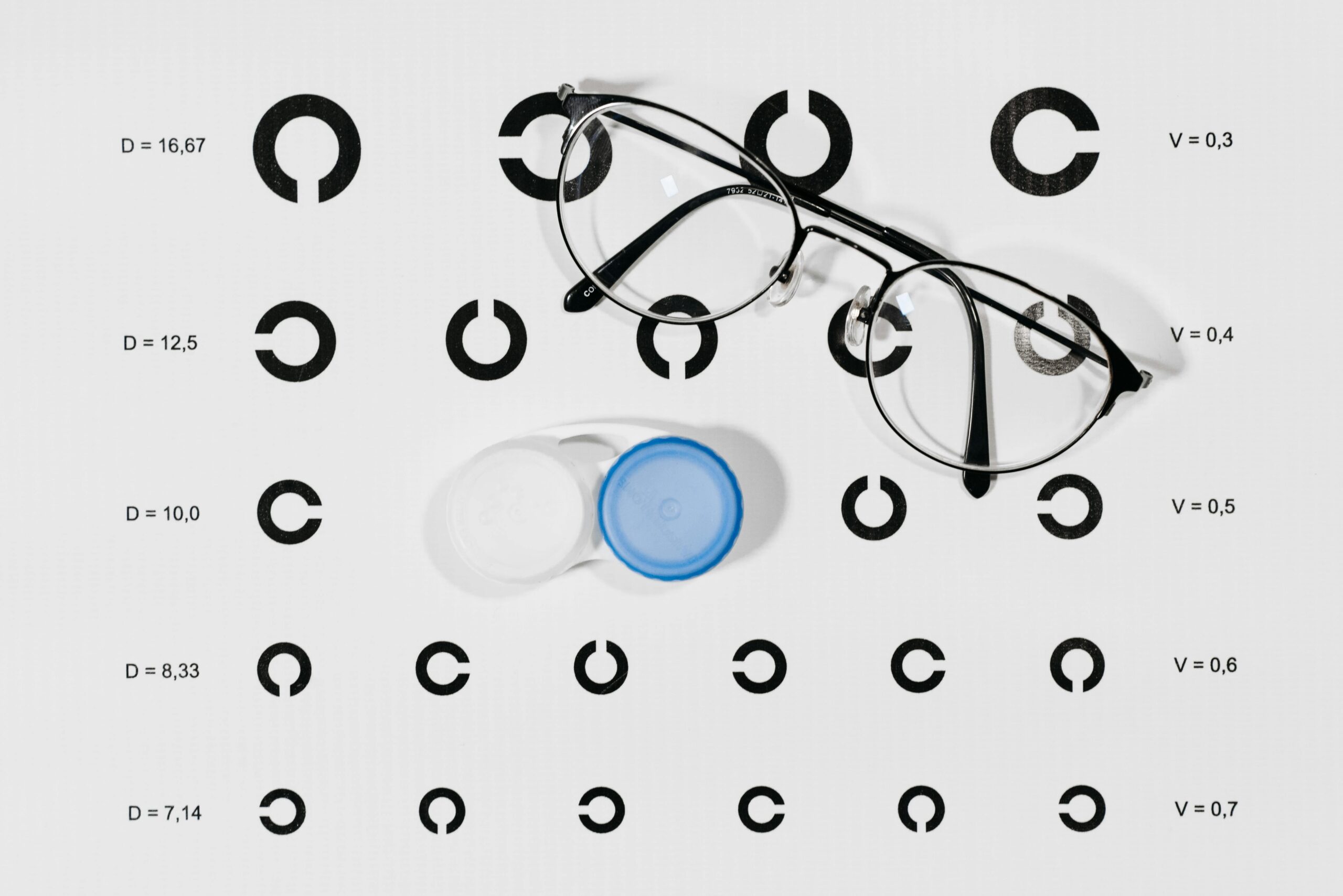 Close-up image of eyeglasses and contact lens case on a Snellen eye chart for vision testing.